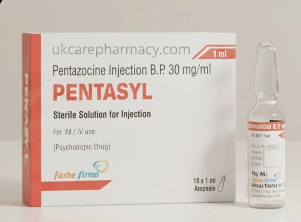 Pentasyl Pentazocine Injection 30mg Box and Ampoule. Buy Pentasyl online alongside a sterile glass ampoule for safe clinical pain relief.