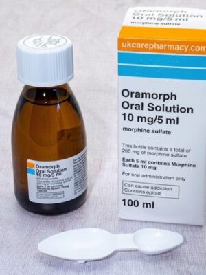 buy-oramorph-pain-relief-uk A bottle and box of Oramorph oral solution for secure Oramorph pain relief UK.