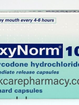 A box of OxyNorm 10mg immediate-release capsules, illustrating why patients should never attempt to purchase OxyNorm without prescription guidelines.