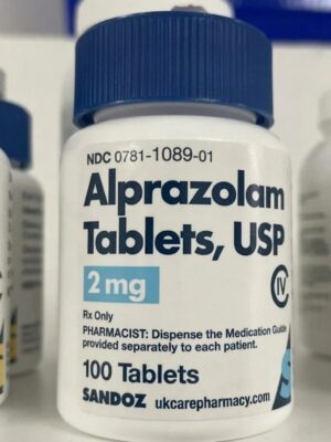 An official pharmaceutical bottle displaying a valid medical prescription label for alprazolam tablets, representing a secure avenue to find legitimate Xanax for sale.