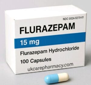 A professional medical display showcasing an authentic prescription carton box used when patients look to Buy Flurazepam online legally.