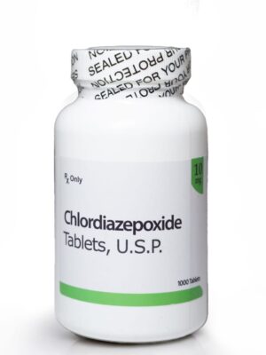 A professional medical photograph displaying a secure plastic prescription bottle with a sealed cap, providing a legitimate way to order Chlordiazepoxide online safely.